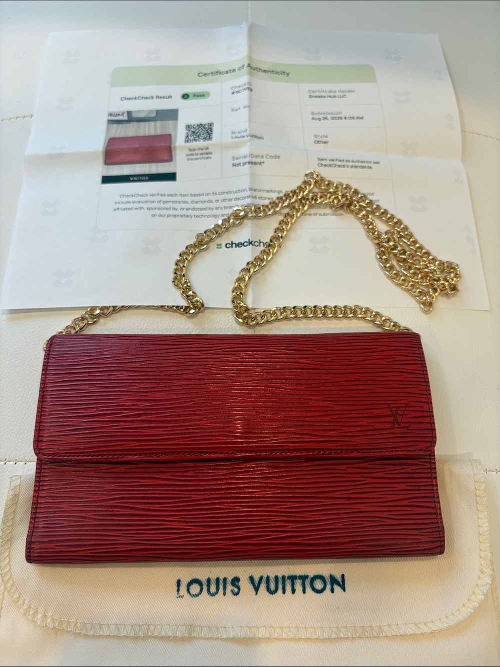 Louis Vuitton Red Epi Gold Chain Wallet Dust Bag and Certificate Authentication